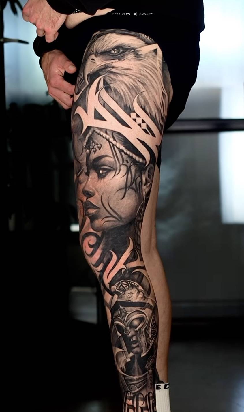 Full leg sleeve tattoo featuring an eagle at top transitioning to a woman's portrait and other symbolic elements